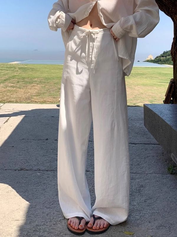女性のためのカジュアルクールテンセルリネンパンツ 2025 夏軽量通気性ストレートパンツヘリンボーンドレープワイドレッグパンツ|undefined
