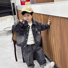 孩童中大童牛仔套装春秋2025新款儿童多袋字母男孩外贸炸街两件套