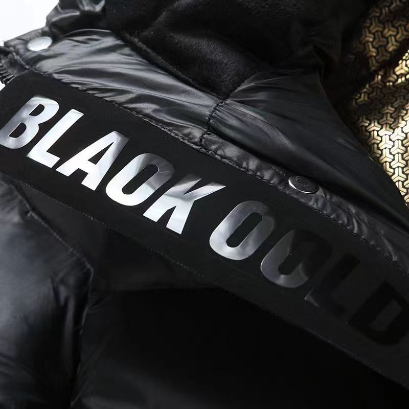 Ropa de invierno larga negra dorada transfronteriza para parejas, con capucha, unisex, cálida, holgada, por encima de la rodilla, para exteriores, gruesa, a prueba de frío.