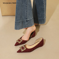 732-K301 European and American style pleated silk low heeled women's shoes with rhinestone metal square buckle pointed side air, single kick shoe