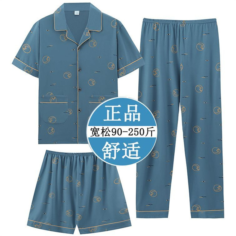Pajamas de algodón de hombre verano pantalones de manga corta de tres piezas set 2024 nuevo conjunto de ropa casera pantalones cortos delgados tamaño más grande