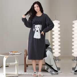 秋冬新款半边绒女长袖睡裙加厚保暖休闲女家居服图片色弹力丝麻棉