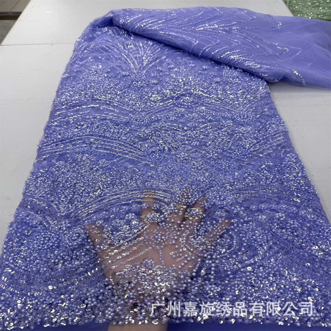 Nuevo diseño de estilo francés con bordado de pequeñas cuentas y lentejuelas, tela de encaje de malla transparente y ligera para vestidos de mujer, ropa infantil y qipao.