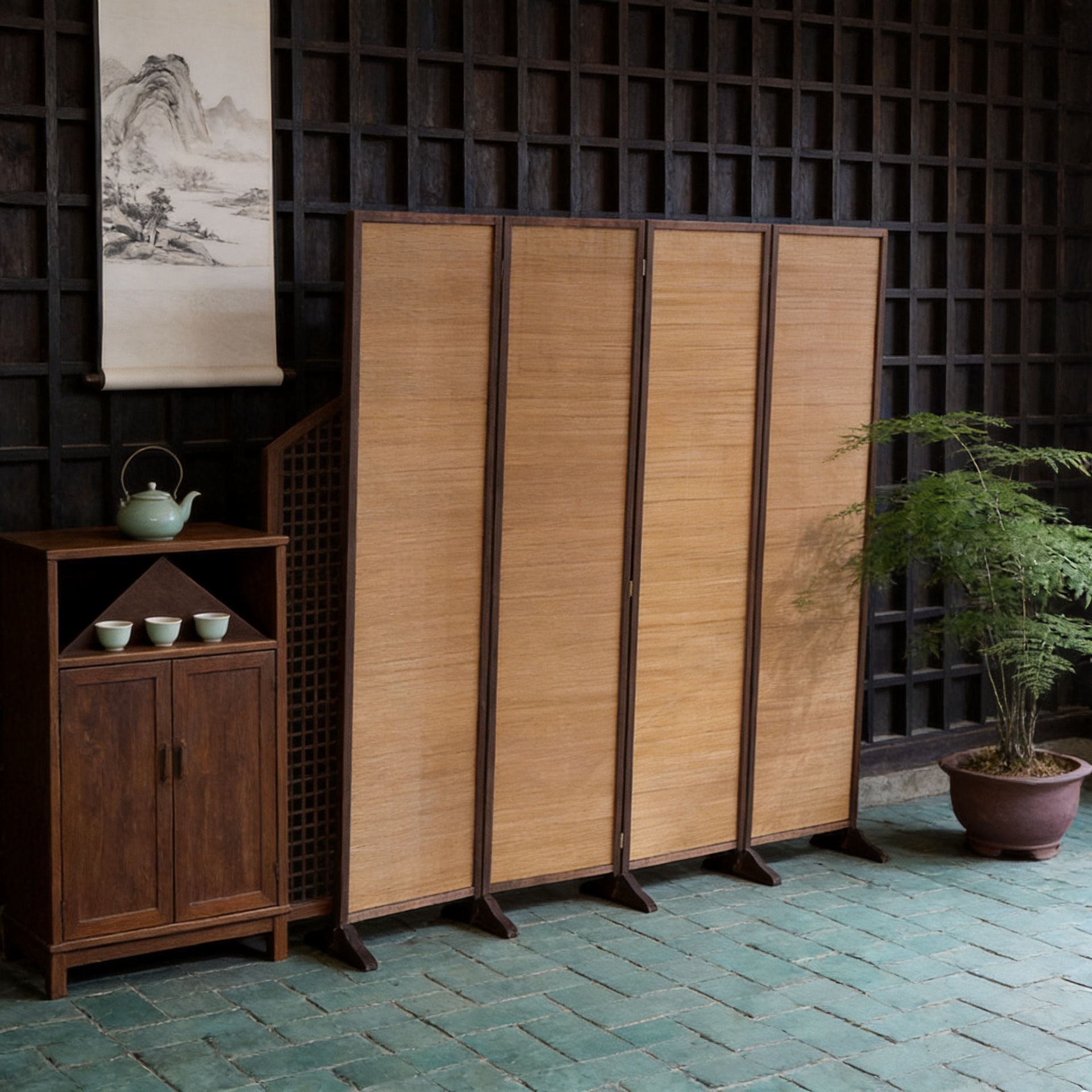 Chinese-Style Retro Entrance Screen Partition for Living Room, Japanese-Style Home Entryway Folding Screen, Movable Solid Wood Bamboo Weaving