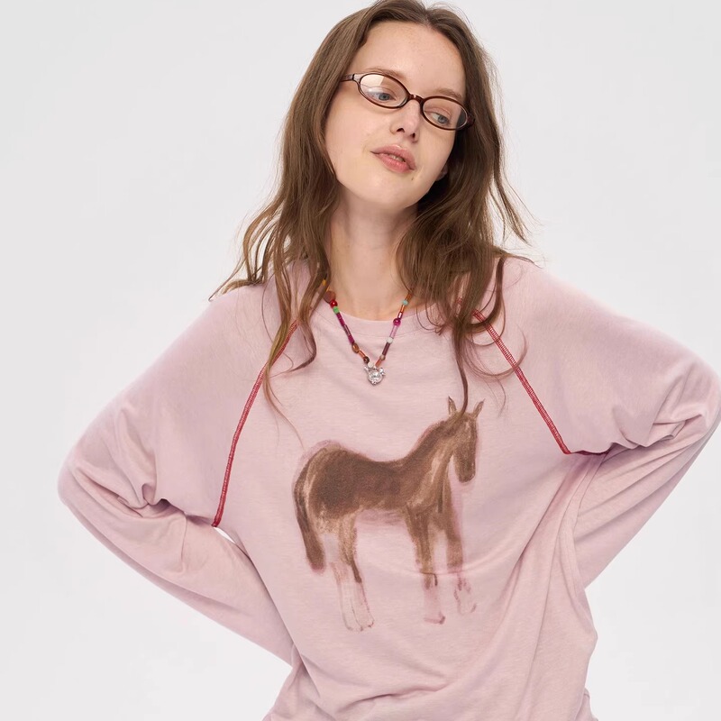 Boer Pony Hand-Painted Printed Decorative Line Raglan Sleeve Round Neck Loose Long-Sleeved Cross-Border Export Pink Top Trendy