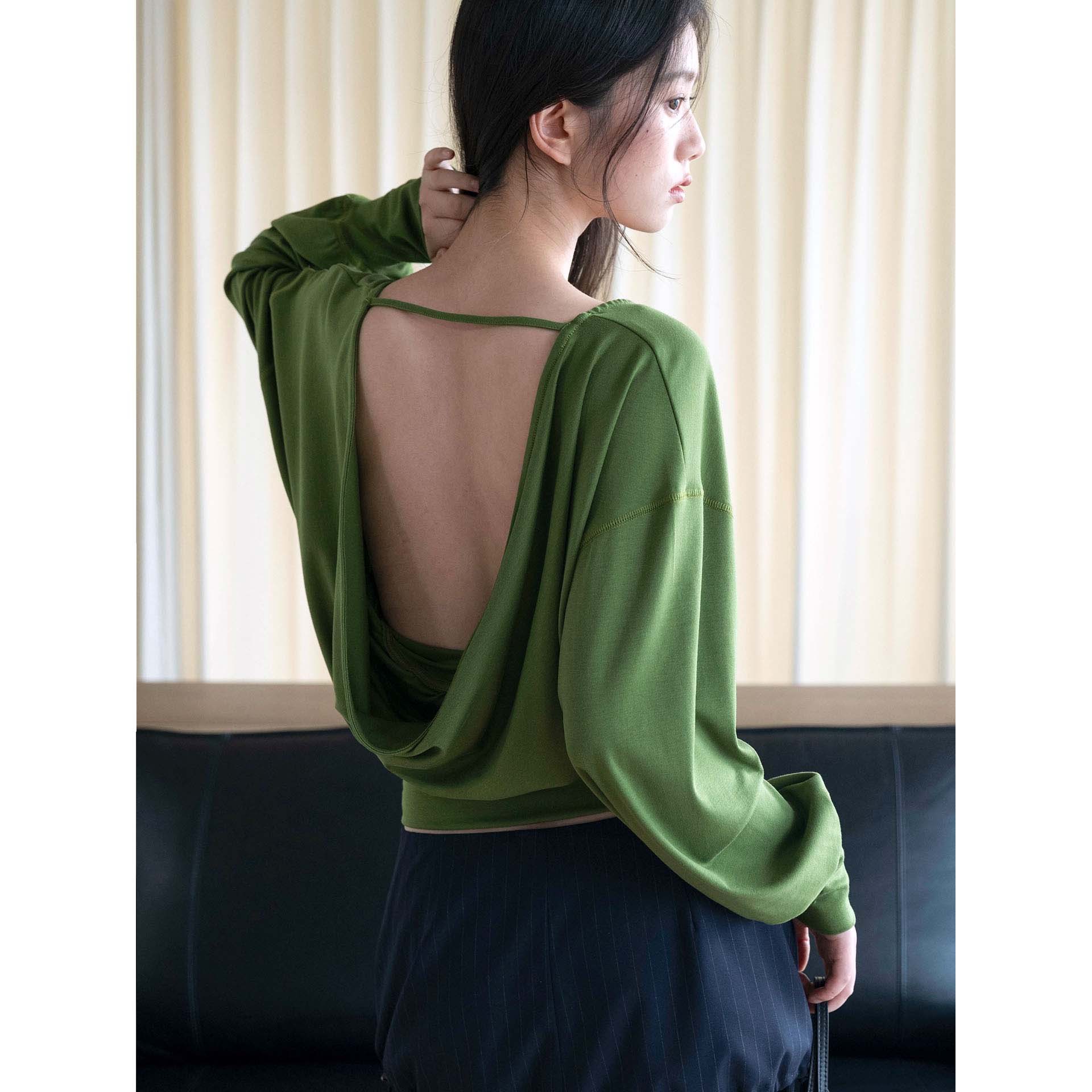 Louvre Early Autumn New Disorder Style Korean Design Boat Neck Backless Waist Slim Long Sleeve T-Shirt Women's Tencel Top