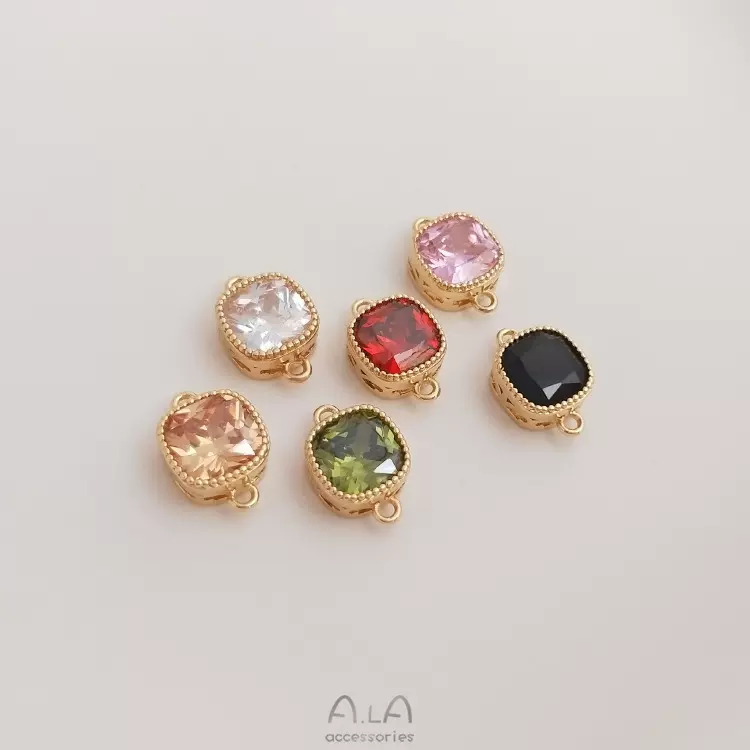 保色14K包金镶嵌彩锆四方双吊配件方形吊坠手工diy手链项链配饰