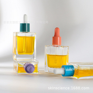 In-Stock Hopeck Square Molded Glass Bottle Petg/Pp Plastic Cap Dropper Lid 18 Teeth 30ml Dropper Bottle Essential Oil Bottle