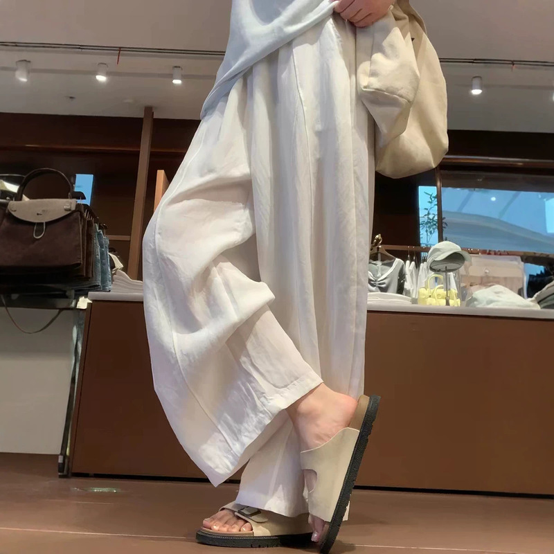 White Balloon Linen Wide-Leg Pants for Women, Summer Thin High-Waisted Loose Casual Petite Cotton-Linen Harem Pants