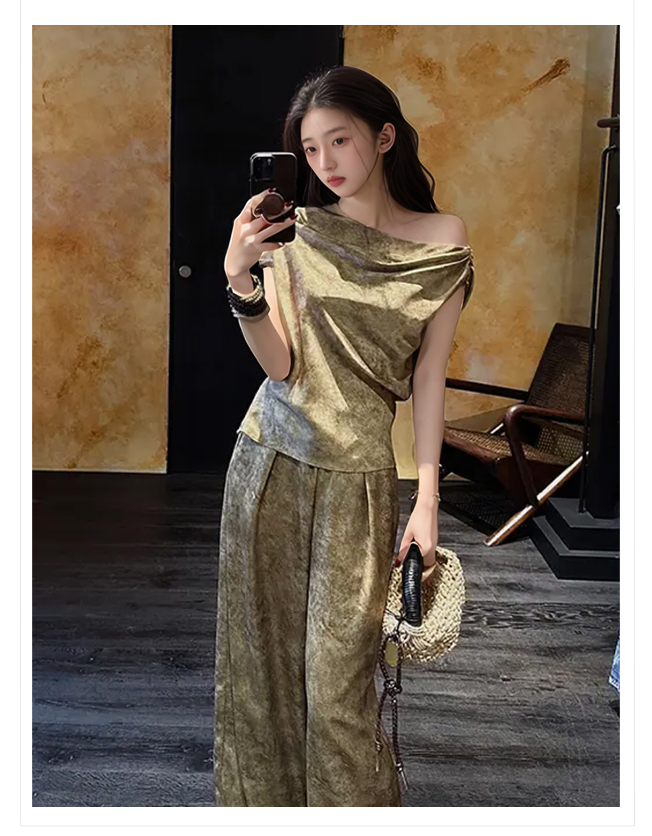 Bộ quần ống rộng và áo không tay in họa tiết phong cách Trung Hoa mùa hè thời trang nữ N4024 — Áo màu mơ, Quần dài màu mơ, Quần dài xanh ô liu, Áo xanh ô liu chi tiết 3
