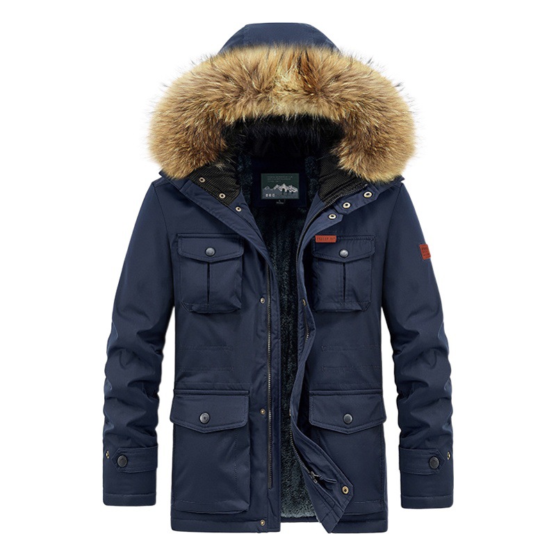 [21879] transmisión en vivo Chaqueta acolchada de algodón con forro polar para hombres Chaqueta acolchada de algodón con capucha de longitud media para hombres