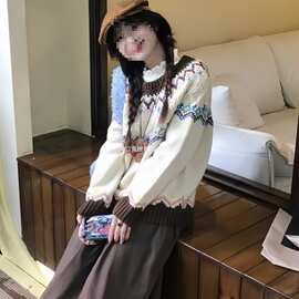 绵羊绒#韩系费尔岛提花毛衣女小个子秋冬慵懒风感软糯针织衫