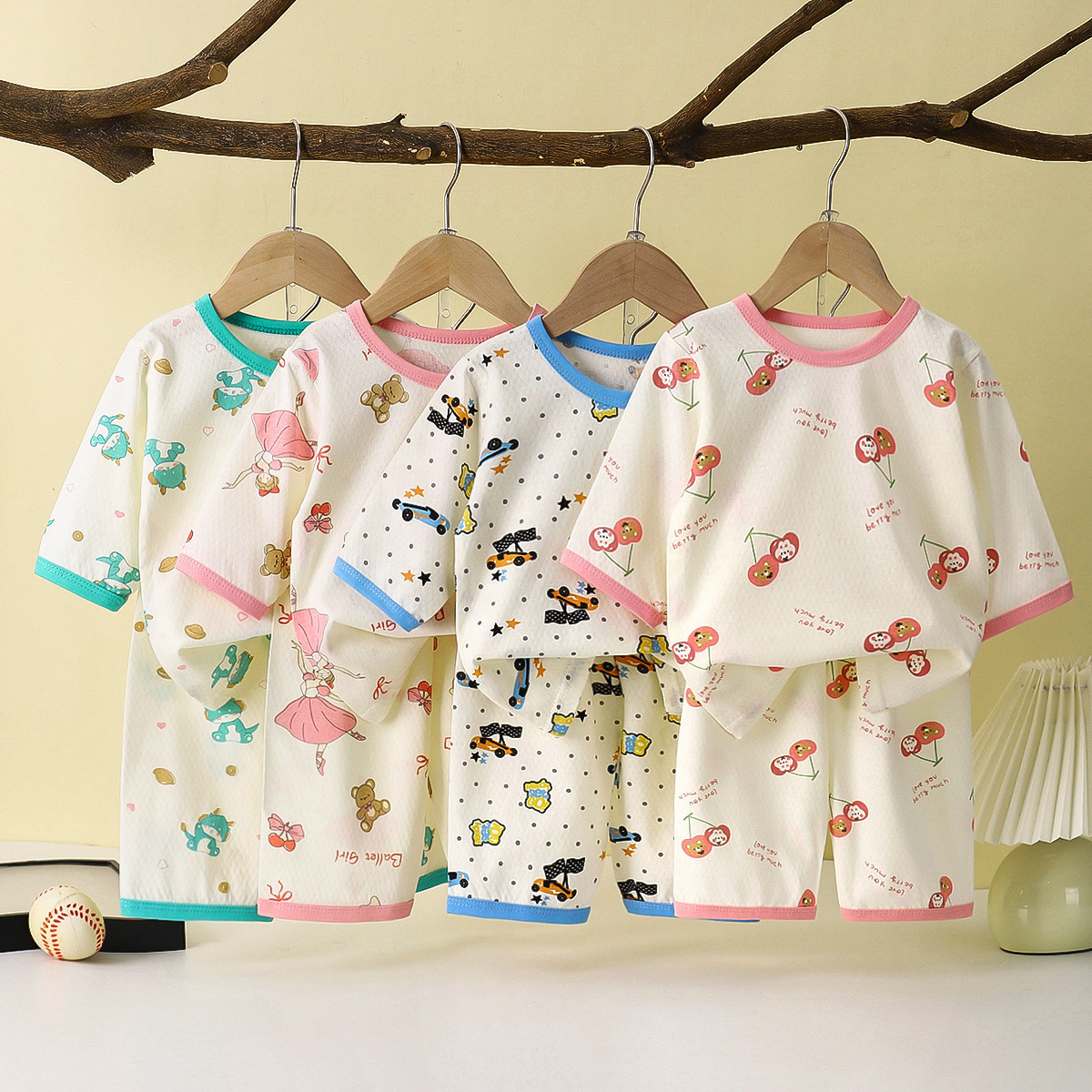 Summer New Boys' Air-conditioning Clothing Pure Cotton Jacquard Girls' Home Clothes Round Neck Printed Seven-point Children's Pajamas suit