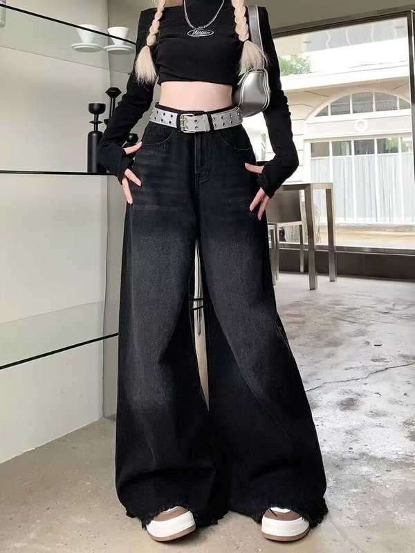 黒とグレーのハイウエストデニムスカートパンツ、女性用、春秋新作、ゆったり、万能、着痩せ効果、ドレープ感のあるワイドレッグ、フロアレングスパンツ|undefined