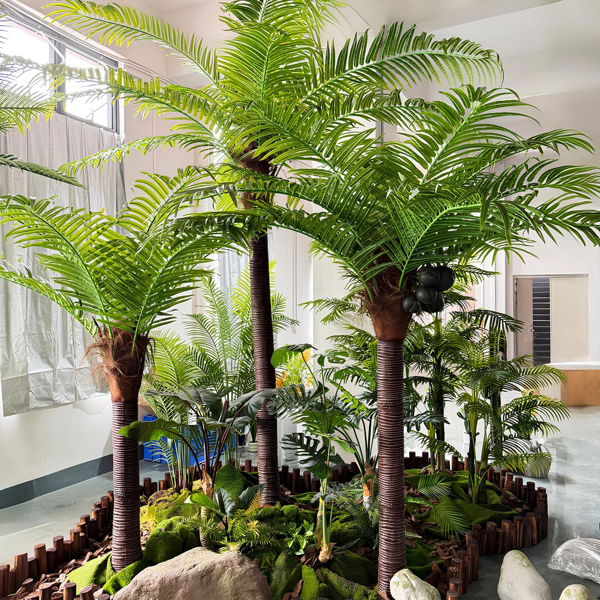 Simulación de cocoteros, cocoteros falsos, plantas en macetas, grandes plantas verdes simuladas, girasoles de agujas, decoraciones para interiores y exteriores, plantas falsas tropicales
