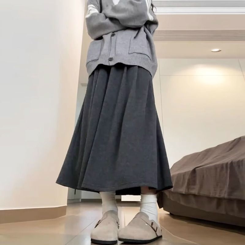 灰色糯米裙女春秋冬新款高腰字显瘦伞裙中长款针织半身裙子