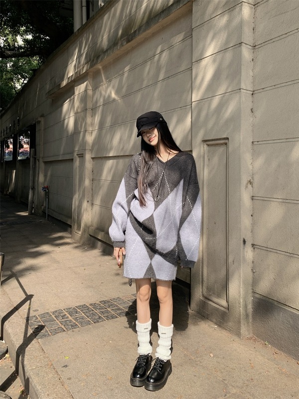 软糯洋气撞色菱格针织衫套装秋冬慵懒舒适毛衣两件套松弛感一整套|undefined