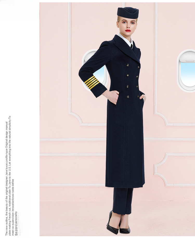 Stewardess-Mantel Damen Mittellanger Herbst- und Winter-Wollmantel für Flugkapitän/Pilot/Bodenabfertigung am Flughafen_voghion.com