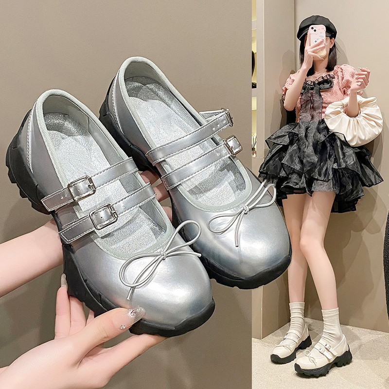 silver Shoes Women's 2025 New Thick Bottom Mary Jane Women's Shoes with Skirt Sweet Cool Ballet Style Shallow Mouth Small Leather Shoes