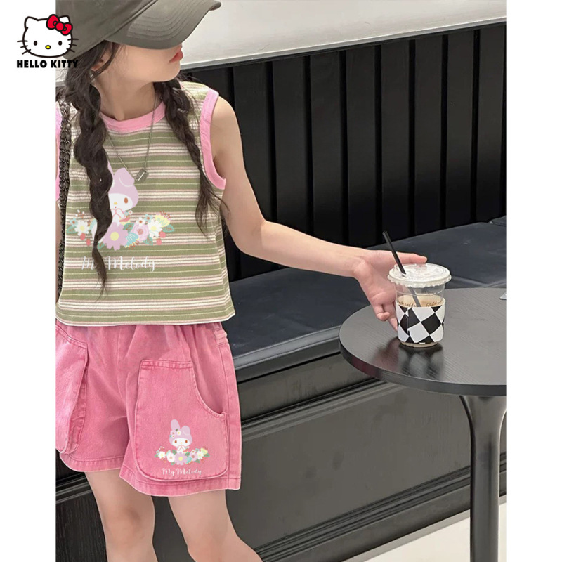 ガールズサマーメロディーIPストライプノースリーブTシャツセット2025新作中大型子供用2点セット|undefined