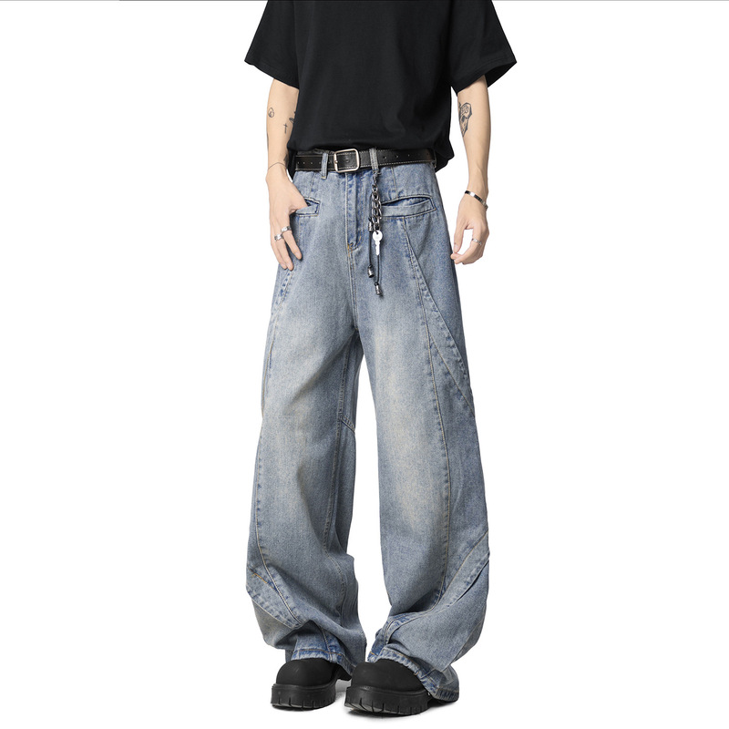 American-Style Vintage Washed Light-Colored Men's Jeans Summer Trendy Brand New Deconstructed High Street Loose Straight Wide-Leg Pants American-Style Vintage Washed Light-Colored Men's Jeans Summer Trendy Brand New Deconstructed High Street Loose Straight Wide-Leg Pants