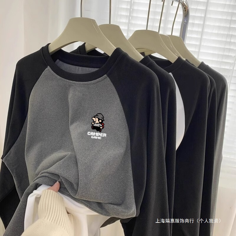 Men's Thermal Round Neck Base Shirt for Autumn and Winter, Fleece-Lined, Thickened, Warm, Loose Fit, Color-Blocked Long-Sleeve T-Shirt Top