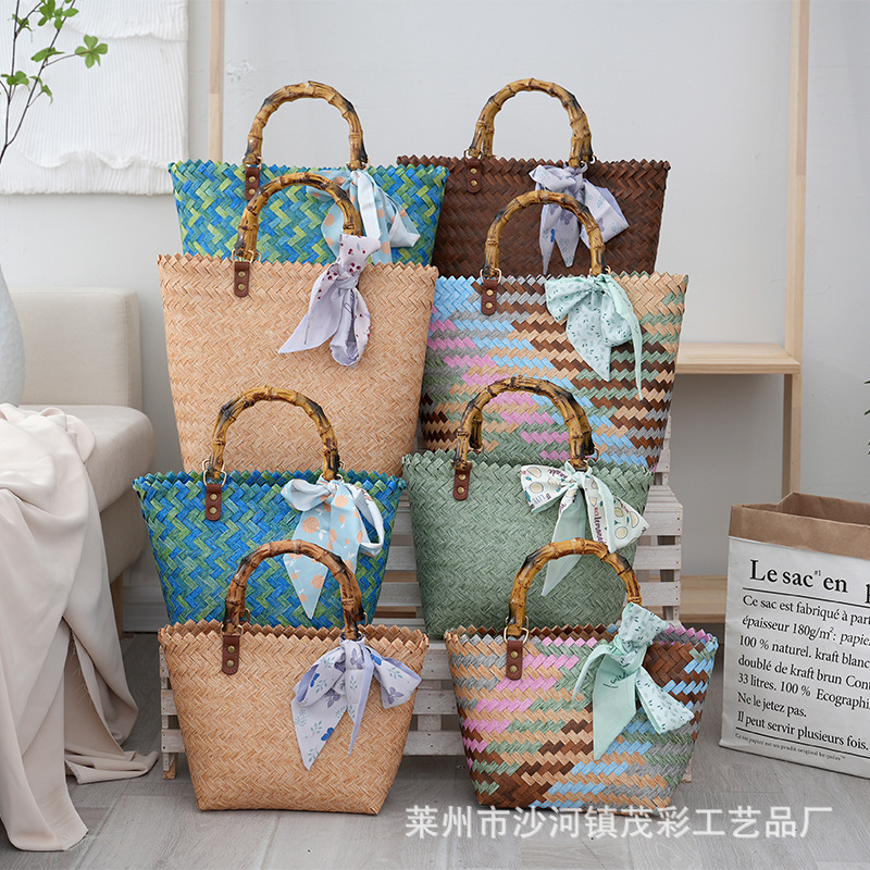 Retro Pp Bamboo Handle Woven Bag Women's Fashionable Casual Simple Handbag Vegetable Basket Souvenir Tote Bag Retro Pp Bamboo Handle Woven Bag Women's Fashionable Casual Simple Handbag Vegetable Basket Souvenir Tote Bag