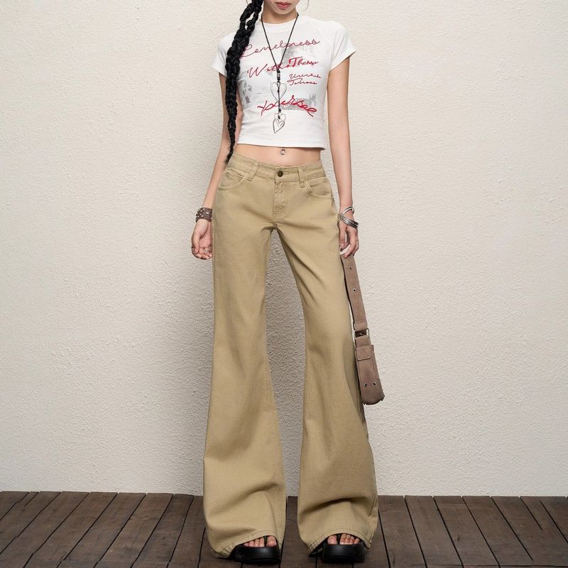 卡其色微喇牛仔裤女新款夏季美式辣妹低腰显瘦宽松垂感拖地裤批发|undefined