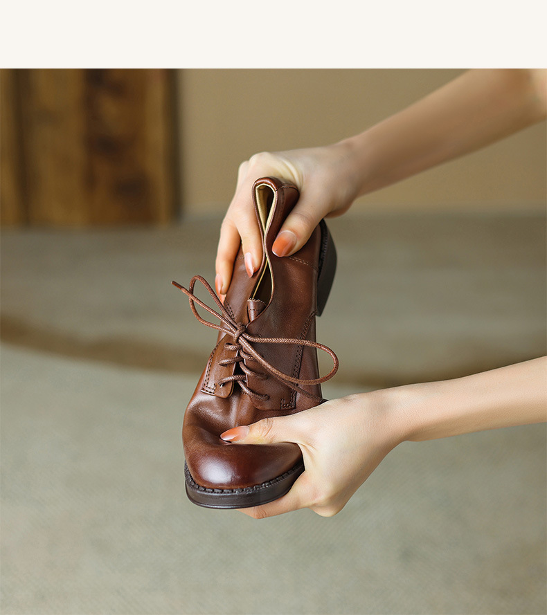 Giày lười nữ mũi vuông kiểu Anh dây buộc miệng sâu cổ điển — màu nâu chi tiết 6