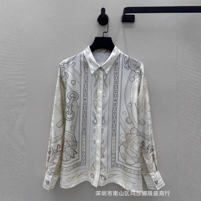 French Nanyou 25 Spring and Summer New Product Chain Rope Positioning Printing Loose Slimming Look Versatile Silk Twill Shirt