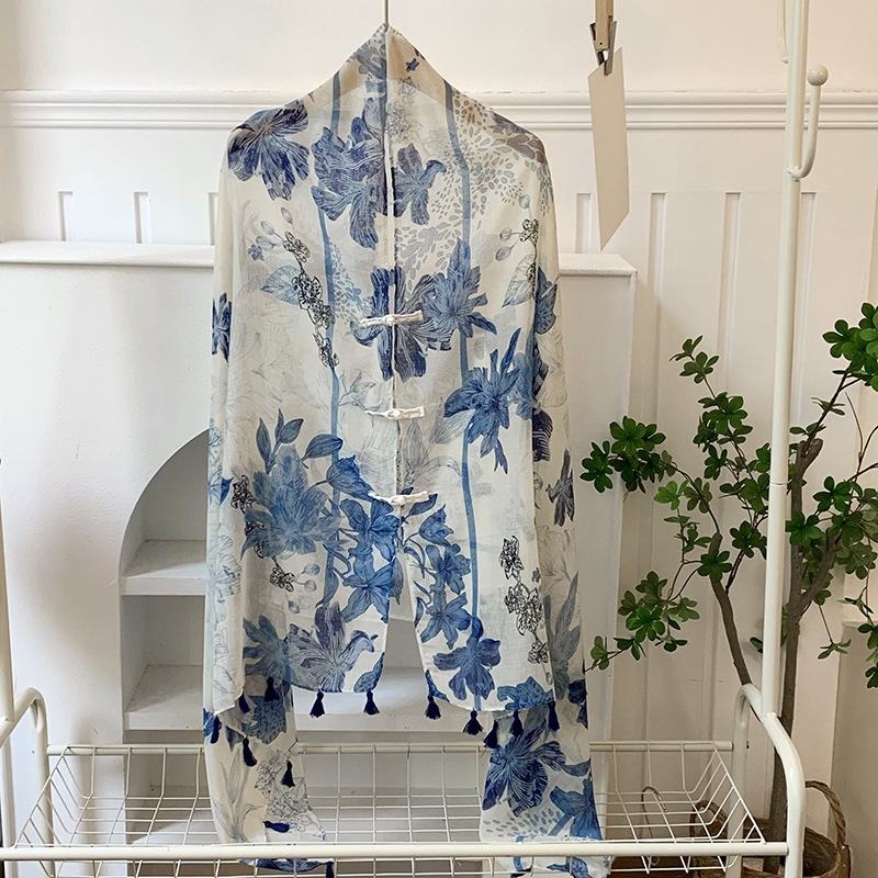 Verano de alta gama ropa exterior de mujer estilo étnico retro protector solar hebilla chal Yunnan Qinghai turismo bufanda de seda