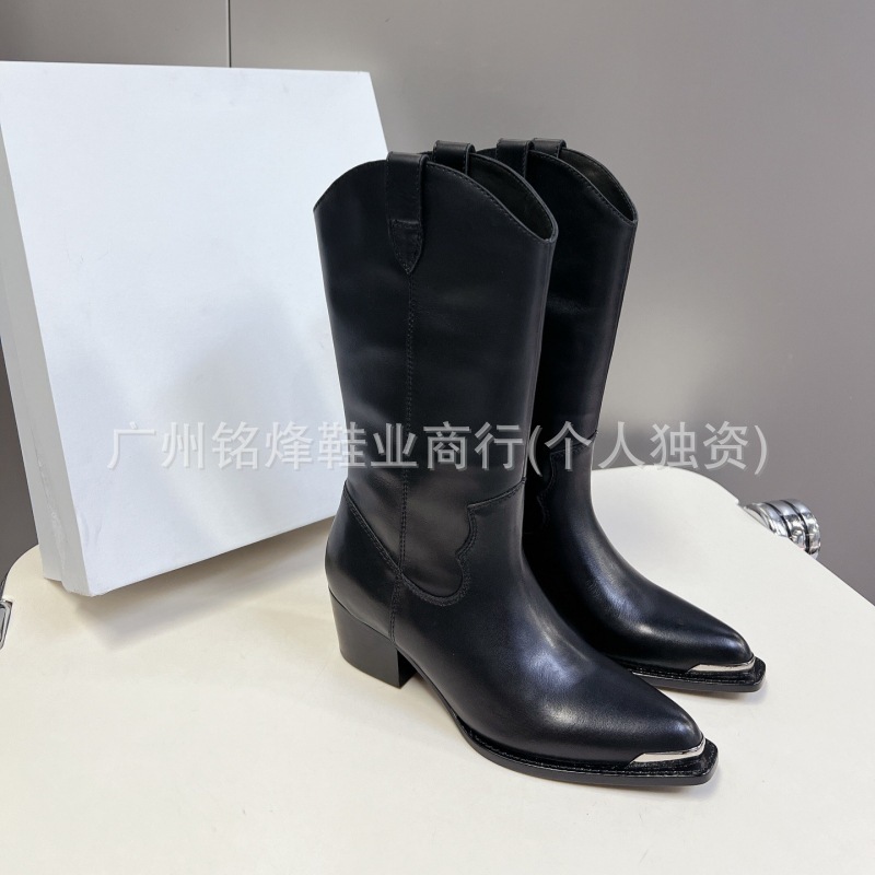 高版小众新款麂皮金属铁头西部牛仔靴复古做旧擦色尖头粗跟中筒靴|undefined