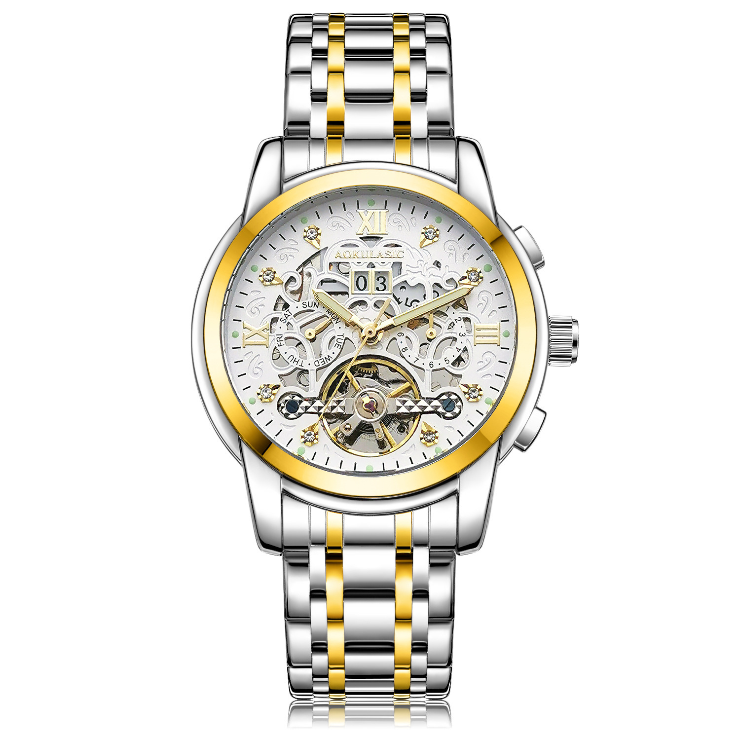 AOKULASIC/ogulas hombres rhinestone reloj mecánico automático hueco doble calendario multifuncional reloj de correa de acero