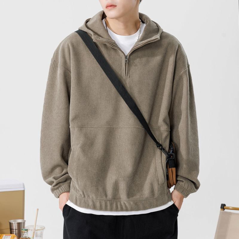 Half-Zip Sweatshirt Men's Hooded Autumn and Winter New Japanese Style Heavy Loose Pure Color Hoodie Jacket Men's and Women's Couple Clothes