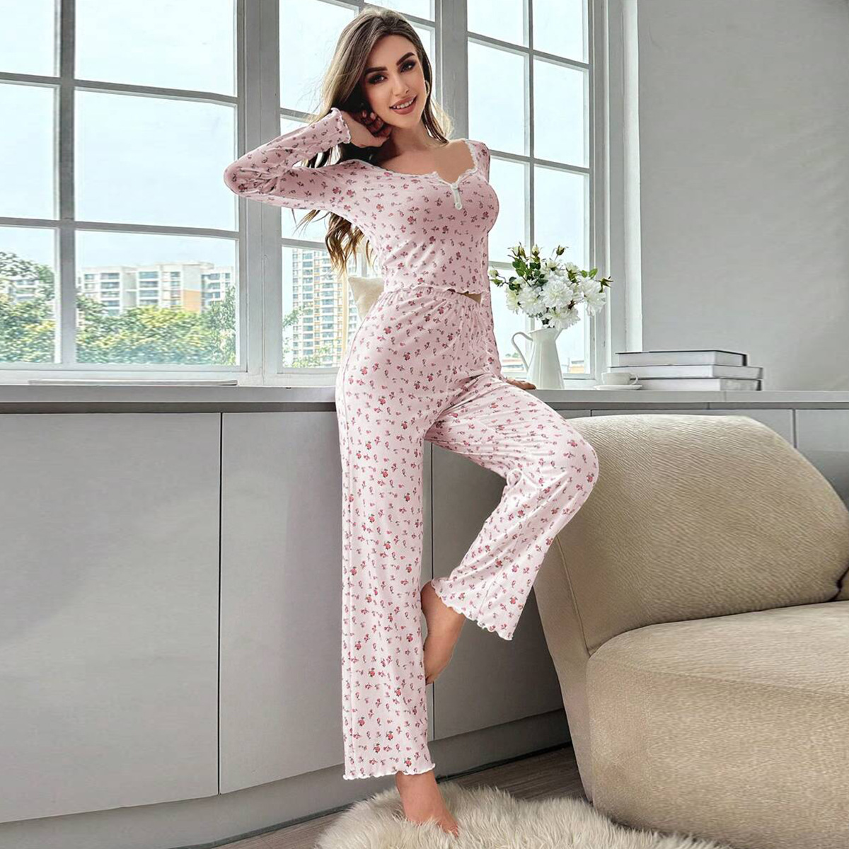 Transfronterizos Europa y América otoño invierno ropa de hogar moda sexy botones de cuello de encaje pantalones de manga larga pijamas de dos piezas para mujeres