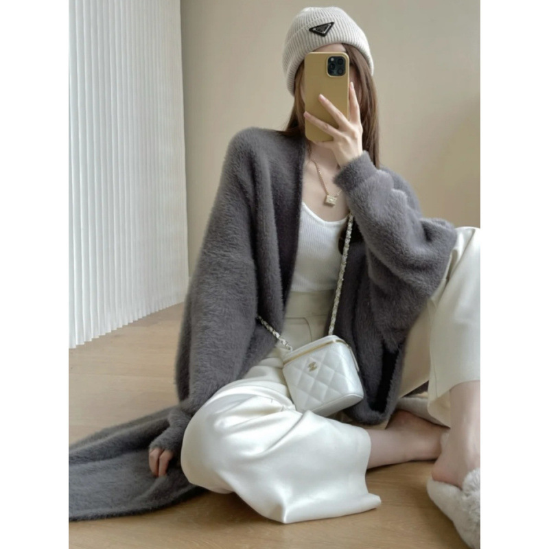 水貂绒长款毛衣开衫女秋冬慵懒风宽松高级感春秋中长款温柔外套厚|undefined