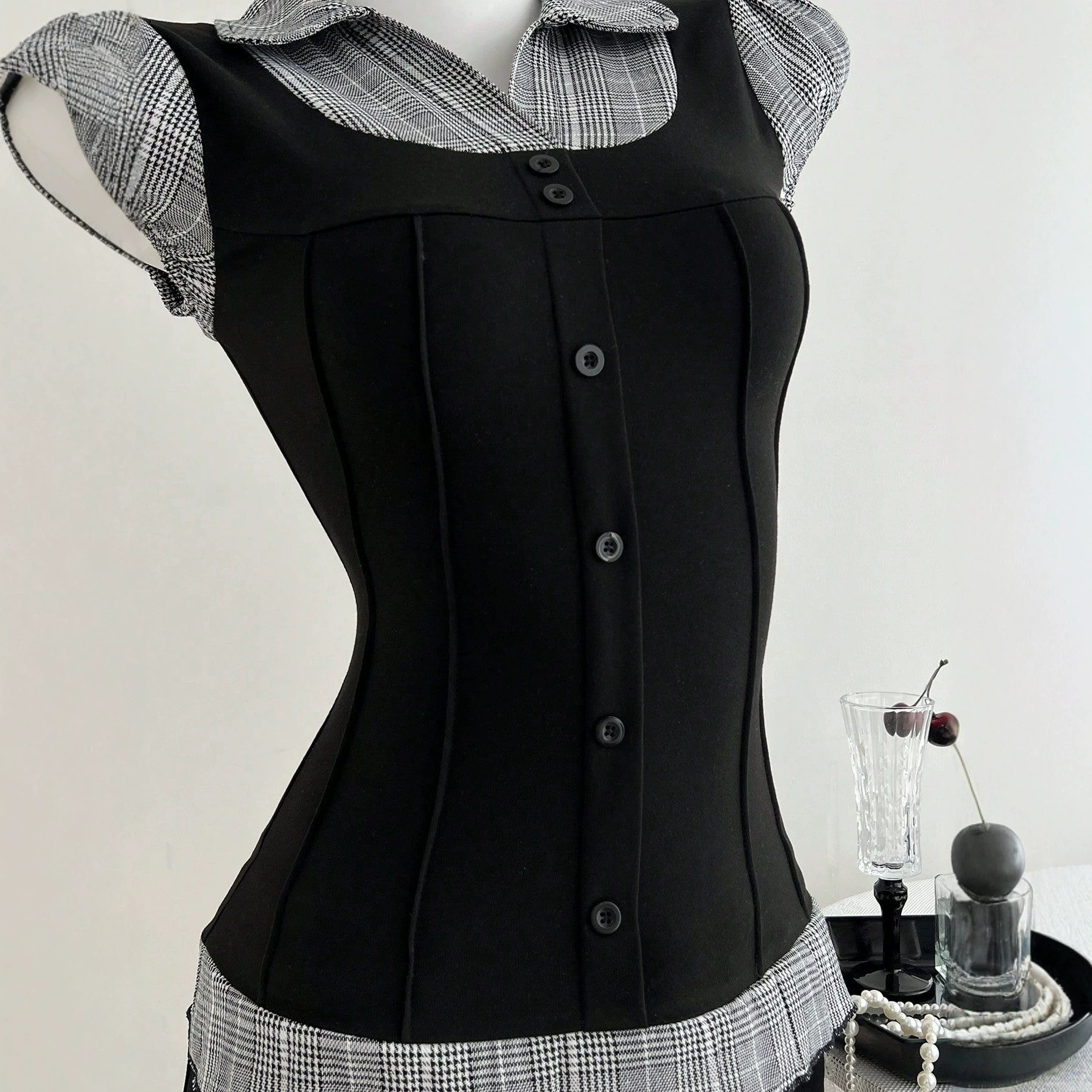 Women's Waist-Defining Plaid Contrast False Two-Layer T-Shirt - Slim Fit Casual Top With Color Block Design_ecoleips.com