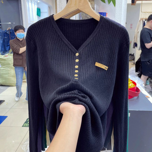 Factory Outlet 200 Jin Size Women's Copper Buckle Small Standard Knitted Sweater Sweater Loose Slim Elegant V-Neck Long Sleeve