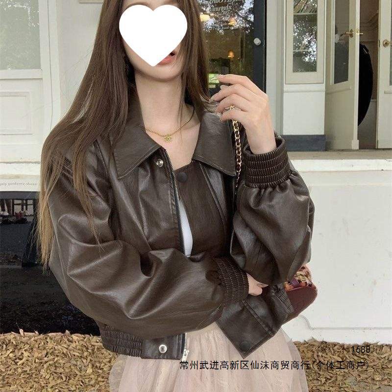 Maillard American-style motorcycle leather short jacket for women, new autumn versatile vintage short leather jacket top, trendy Maillard American-style motorcycle leather short jacket for women, new autumn versatile vintage short leather jacket top, trendy