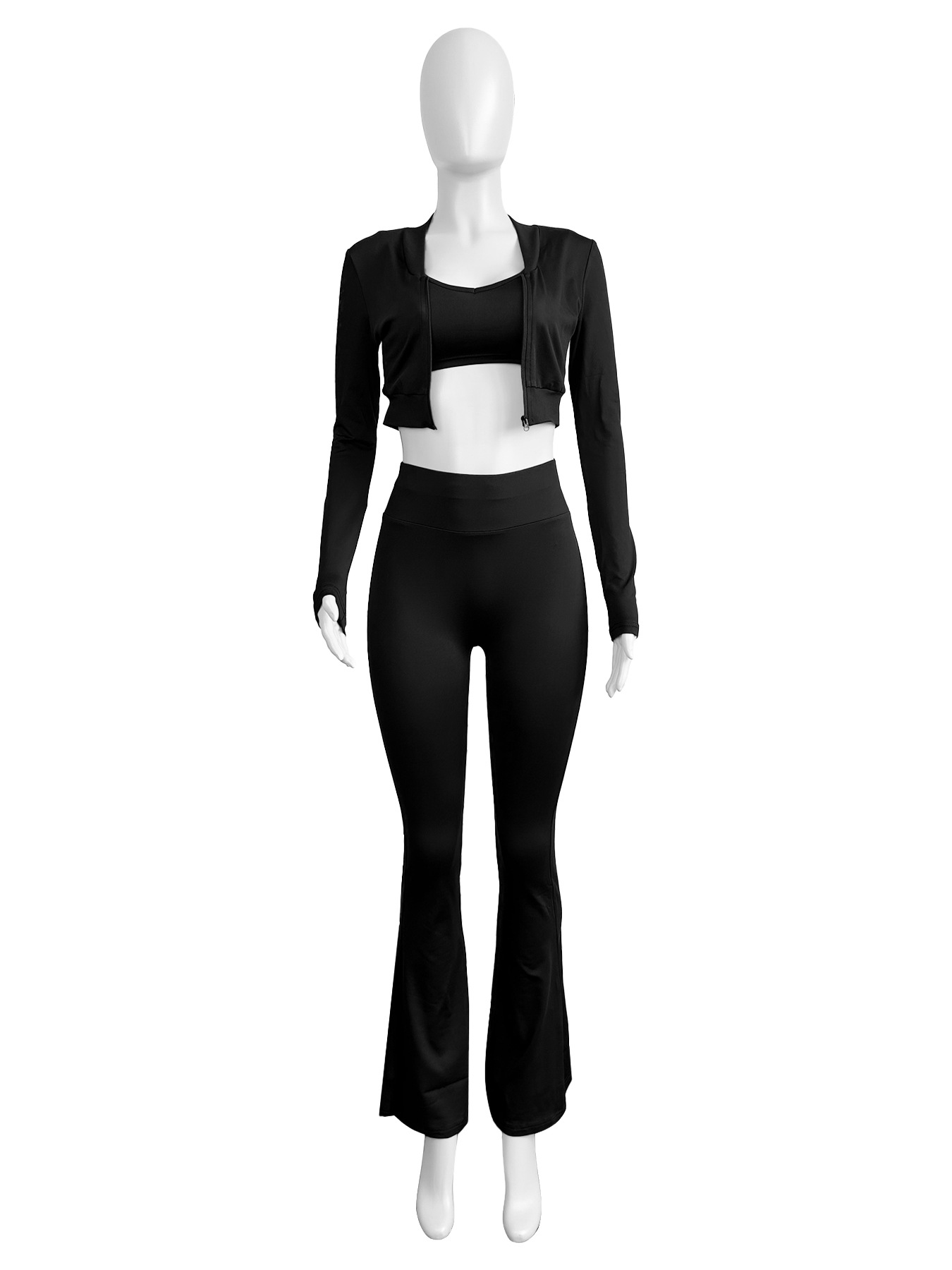 Women Clothing Basic Solid Color Short Top High Waist Bootcut Sports Casual Three Piece Suit Suit