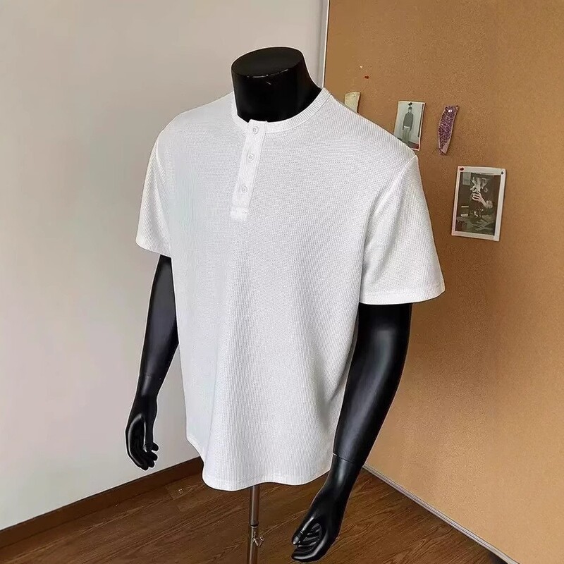 トレンディなブランドトレンディなメンズグレーワッフルヘンリーカラー半袖メンズ夏アメリカンレトロTシャツハイエンドハンサム半袖|undefined