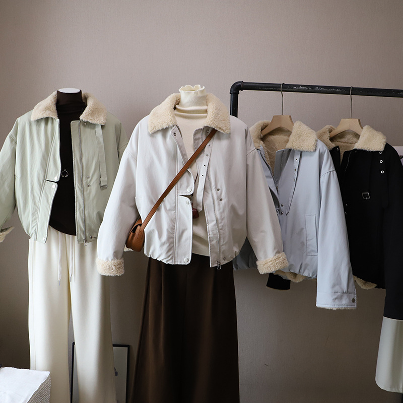 [比正]2025冬季新款韩版时尚翻领拼接宽松百搭棉服夹克外套女5443