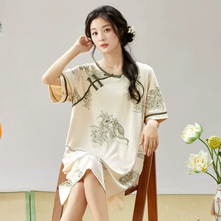 跨境国风女士睡裙仿棉夏季 夏天薄款短袖休闲双扣家居服旗袍裙子
