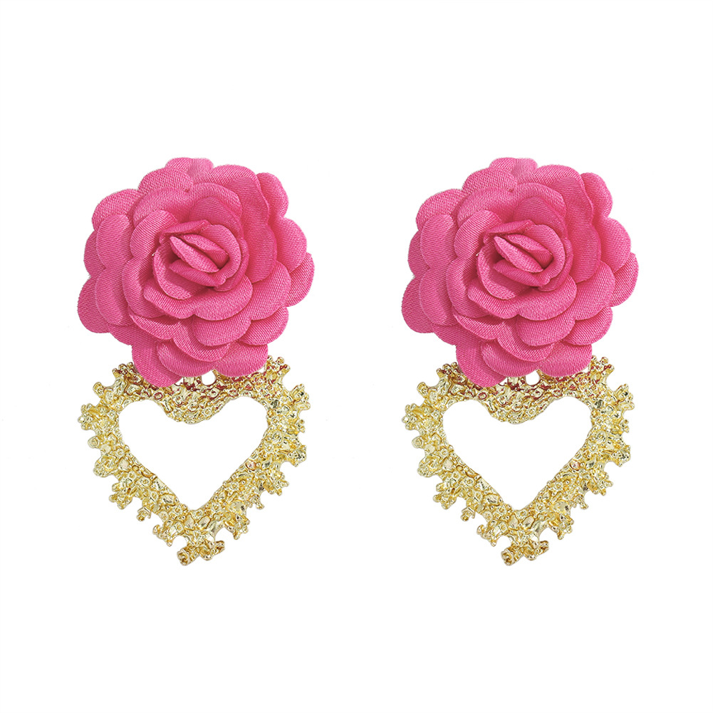 Heart-shaped fabric flower earrings
