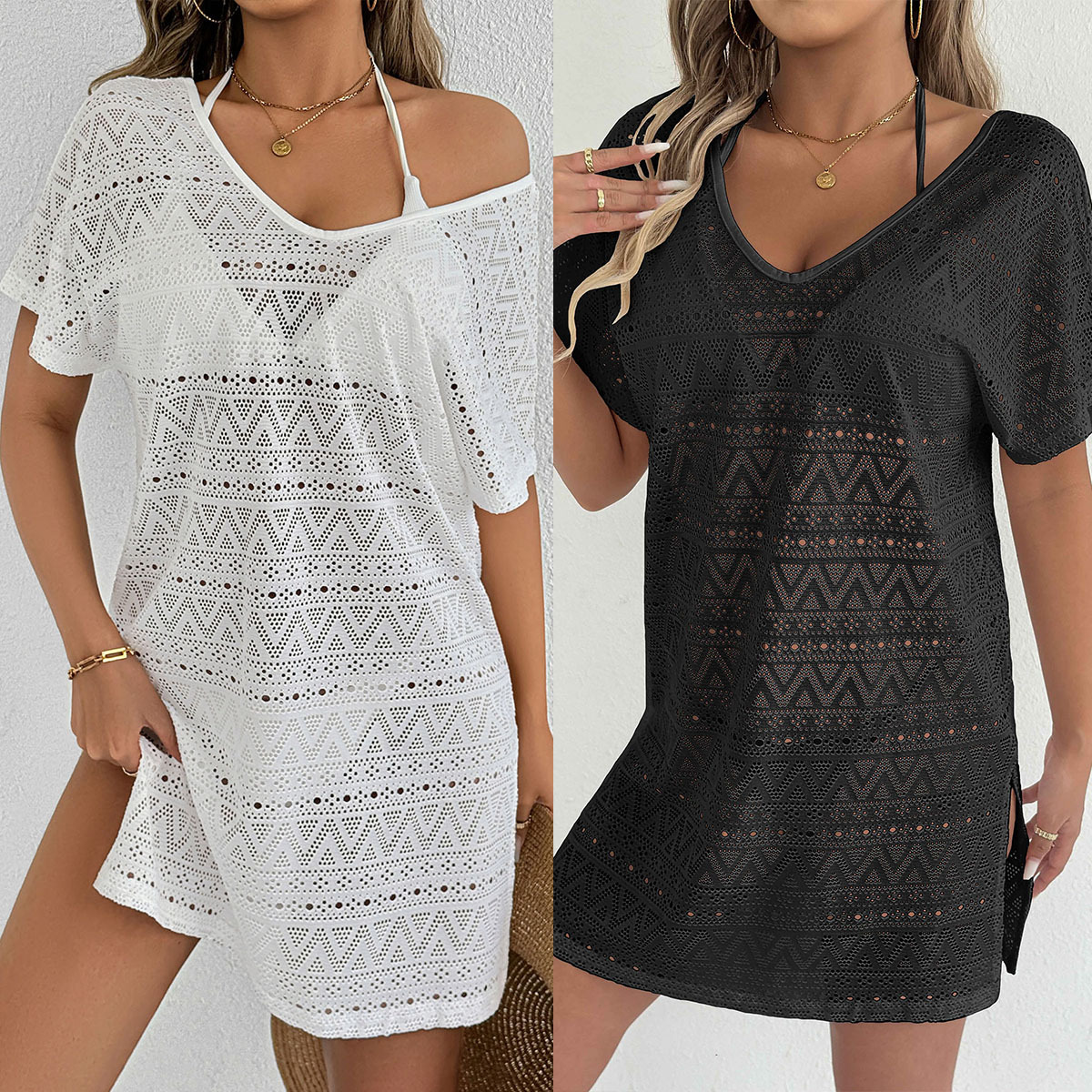 Women's Beach Cover-Up Cross-Border European and American Clothing Sexy Deep V Backless Slit Lace Skirt Vacation Dress Z900