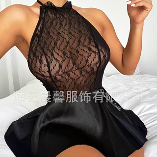 2026欧美性感女装亚马逊独立站情趣蕾丝拼接挂脖睡裙套装厂家代发