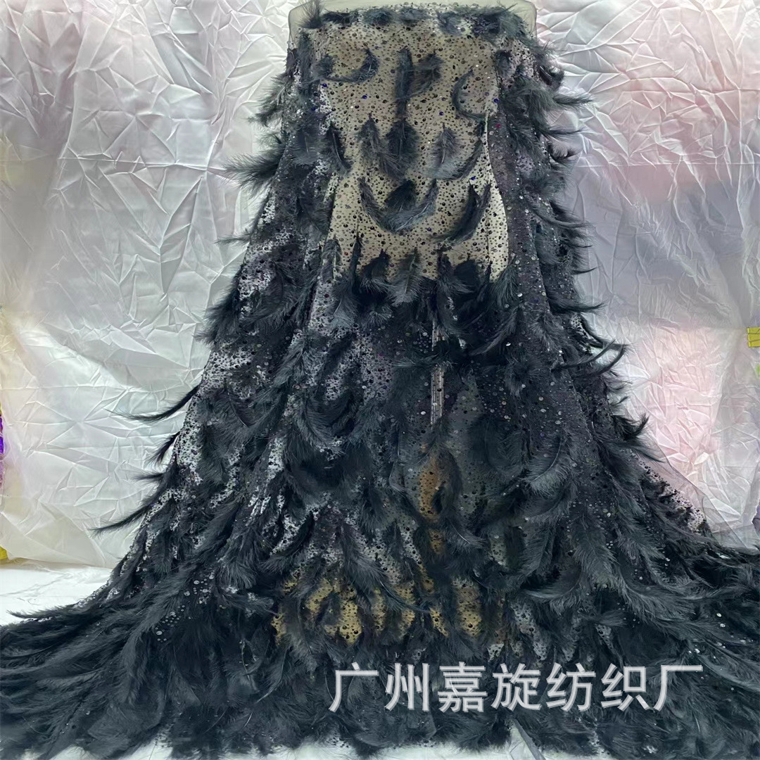 Plumas de avestruz de alta calidad con bordado de cuentas, tela de encaje transparente, vestido de novia brillante, accesorios de escenario