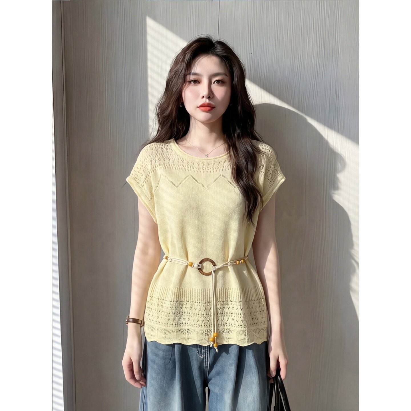 Áo thun nữ cổ tròn tay ngắn ren hở vai phong cách Pháp — xanh lam chi tiết 4