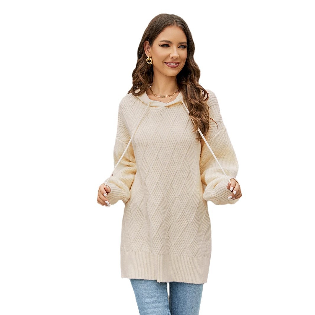 Maglione da donna del commercio estero transfrontaliero europeo e americano maglione autunnale e invernale con cappuccio maglione tinta unita filo geometrico top di media lunghezza