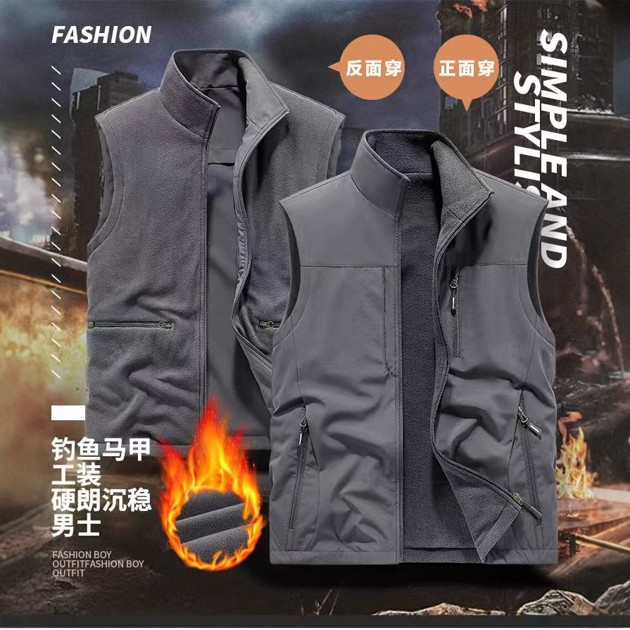 Двухсторонний толстый жилет с пользовательским логотипом каштановый карман плюс бархат открытый мужской жилет без рукавов